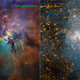 Visible light (left) and infrared (right) images of the Lagoon Nebula.